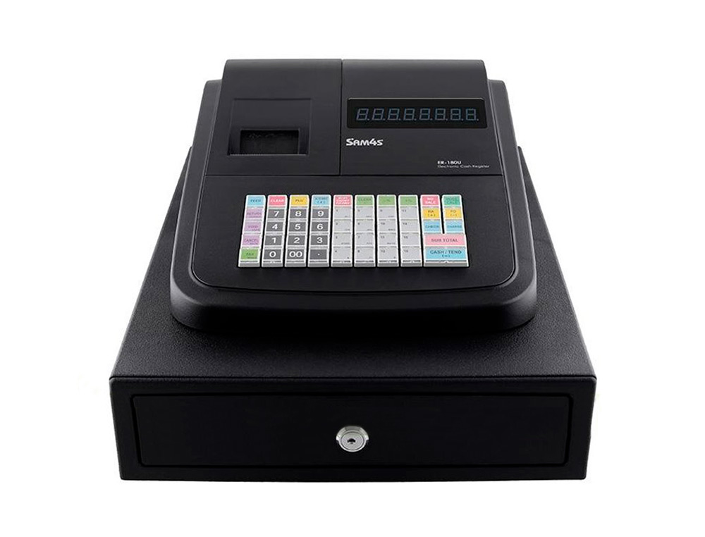 REGISTRADORA SAM4S ER-180U 16 DEPARTAMENTOS 4 EMPLEADOS VISOR LED CAJON PEQUEÑO COLOR NEGRO 330X420X210 MM