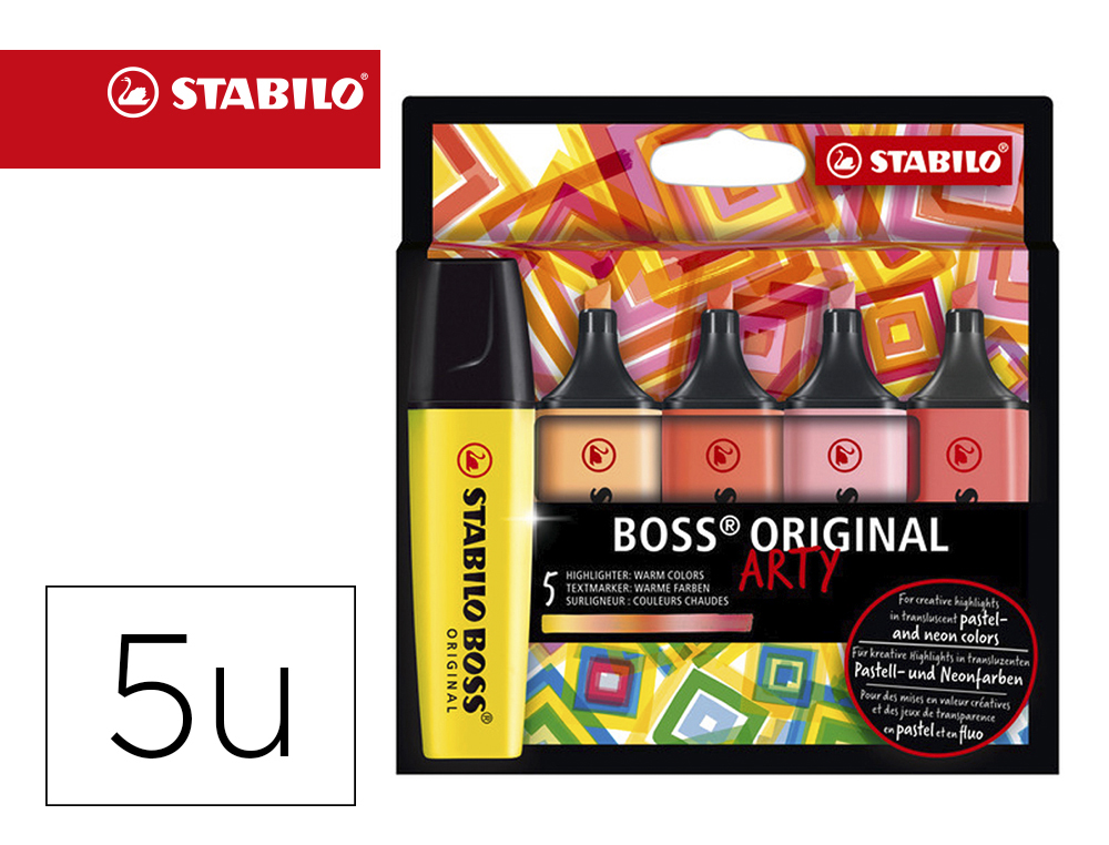 ROTULADOR STABILO BOSS FLUORESCENTE 70 ARTY LINE COLORES CALIDOS ESTUCHE CARTON DE 5 UNIDADES COLORES