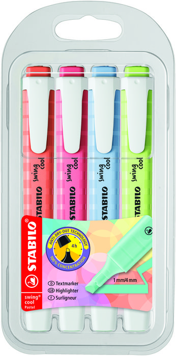 ROTULADOR STABILO FLUORESCENTE FINO SWING COOL PASTEL ESTUCHE DE 4 UNIDADES COLORES SURTIDOS
