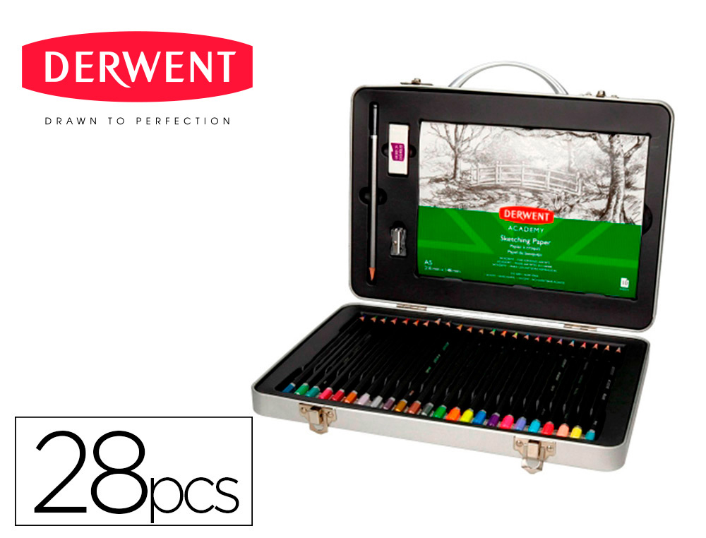 ESTUCHE DE PINTURA DERWENT ACADEMY METALICO CON ASA LAPICES DE COLORES 28 PIEZAS