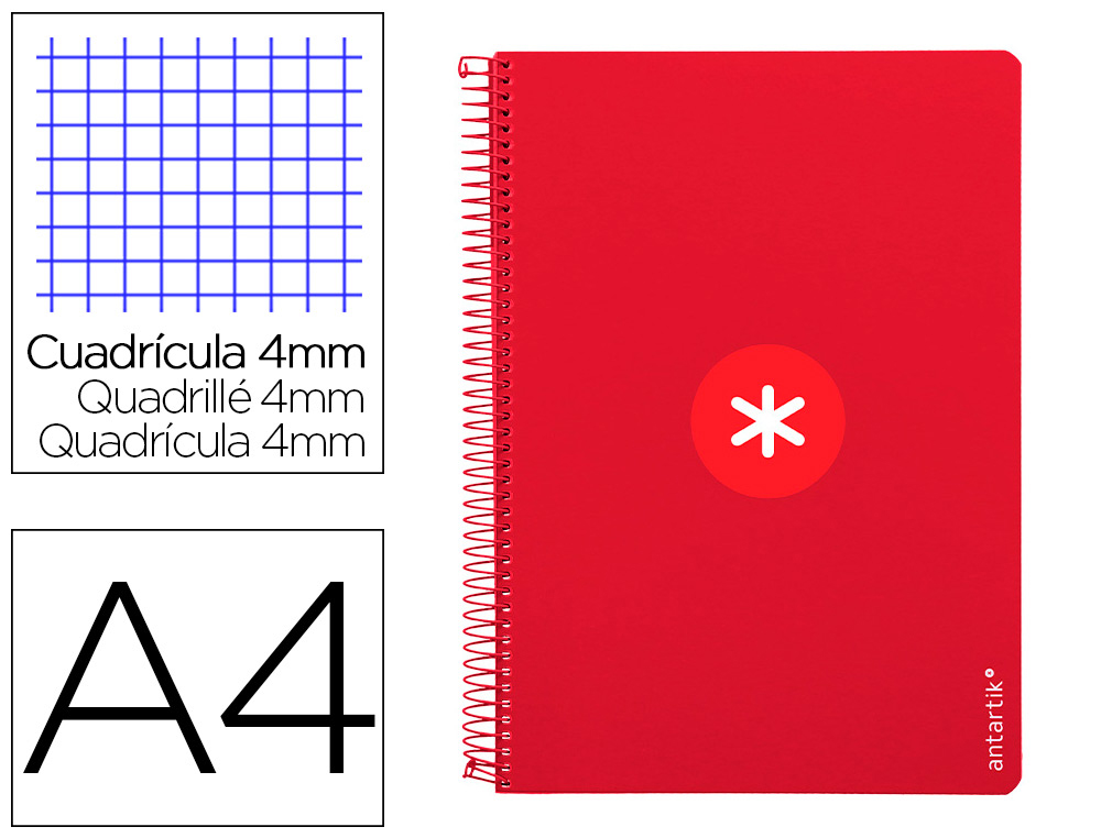 CUADERNO ESPIRAL A4 ANTARTIK TAPA DURA 80H 90GR CUADRO 4MM CON MARGEN COLOR FRAMBUESA
