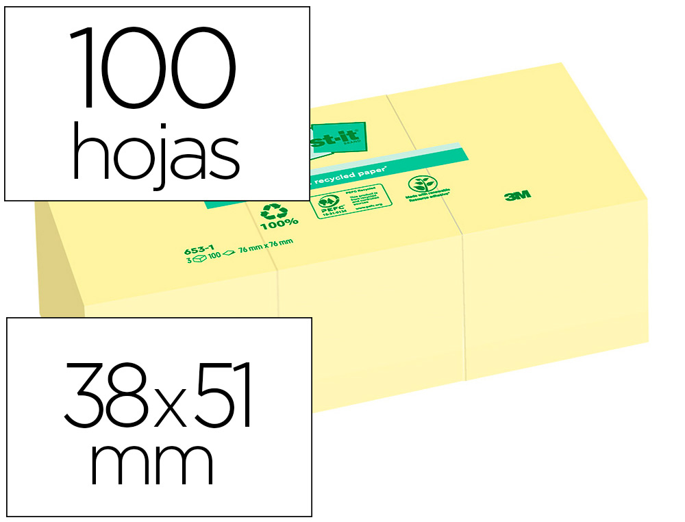 BLOC DE NOTAS ADHESIVAS QUITA Y PON POST-IT 38X51 MM PAPEL RECICLADO AMARILLO PACK DE 3 BLOCS 653-1