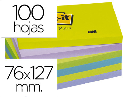 BLOC DE NOTAS ADHESIVAS QUITA Y PON POST-IT 76X127 MM ULTRA INTENSO PACK DE 6 BLOCS SURTIDO