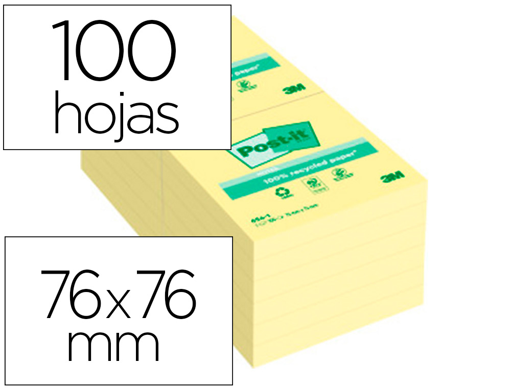 BLOC DE NOTAS ADHESIVAS QUITA Y PON POST-IT 76X76 MM PAPEL RECICLADO AMARILLO