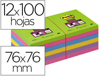 BLOC DE NOTAS ADHESIVAS QUITA Y PON POST-IT SUPER STICK ULTRA 76X76 MM PACK DE 12 BLOC VERDE ROSA AMARILLA