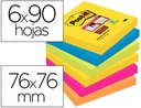 [70005250264] BLOC DE NOTAS ADHESIVAS QUITA Y PON POST-IT SUPER STICKY 76X76 MM CON 90 HOJAS PACK DE 6 BLOC COLORES SURTIDOS