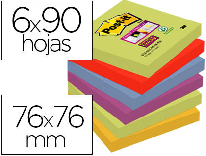 BLOC DE NOTAS ADHESIVAS QUITA Y PON POST-IT SUPER STICKY 76X76 MM CON 90 HOJAS PACK DE 6 BLOC COLORES SURTIDOS