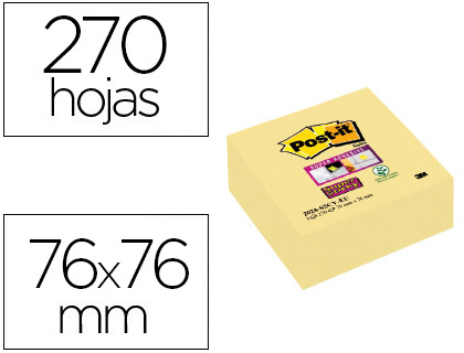 BLOC DE NOTAS ADHESIVAS QUITA Y PON POST-IT SUPER STICKY 76X76 MM CUBO CON 270 HOJAS AMARILLO CANARIO