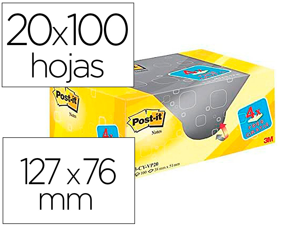 BLOC DE NOTAS ADHESIVAS QUITA Y PON POST-IT SUPER STICKY AMARILLO CANARIO 76X127 MM PACK PROMOCIONAL 20+4 GRATIS