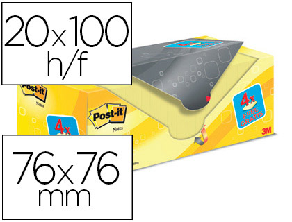 BLOC DE NOTAS ADHESIVAS QUITA Y PON POST-IT SUPER STICKY AMARILLO CANARIO 76X76 MM PACK PROMOCIONAL 20+4 GRATIS