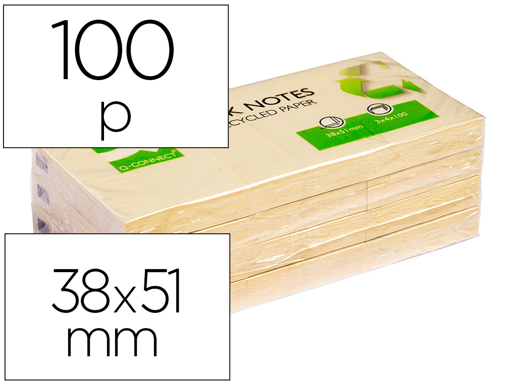 BLOC DE NOTAS ADHESIVAS QUITA Y PON Q-CONNECT 38X51 MM PAPEL RECICLADO AMARILLO CON 100 HOJAS