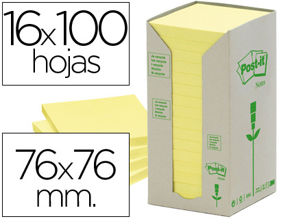 BLOC DE NOTAS ADHESIVAS QUITA Y PON RECICLADAS EN TORRE POST-IT 76 X 76 MM 16 BLOCS 654 RECICLADO