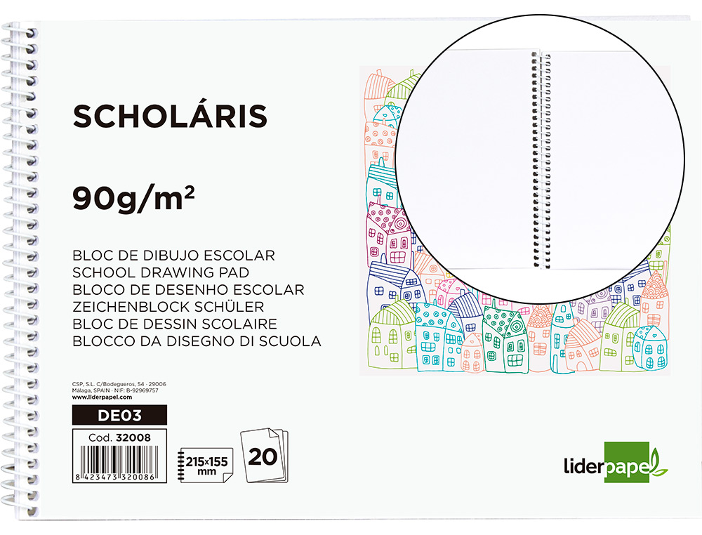 BLOC DIBUJO LIDERPAPEL ESCOLAR ESPIRAL 155X215MM 20 HOJAS 90 GR/M2 SIN RECUADRO