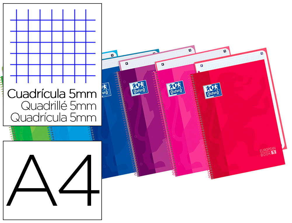 BLOC ESPIRAL OXFORD TAPA EXTRADURA MICROPERFORADO DIN A4 80 HOJAS CUADROS 5MM COLORES SURTIDOS