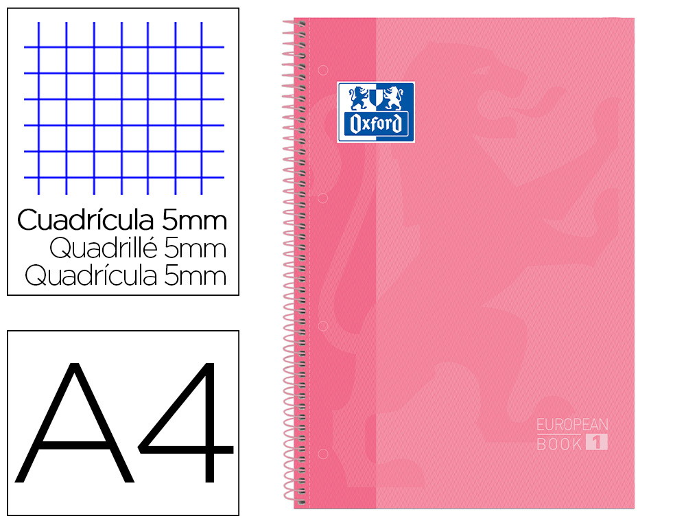 BLOC ESPIRAL OXFORD TAPA EXTRADURA MICROPERFORADO DIN A4 80 HOJAS CUADROS 5 MM COLOR ROSA DULCE