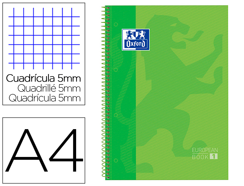 BLOC ESPIRAL OXFORD TAPA EXTRADURA MICROPERFORADO DIN A4 80 HOJAS CUADROS 5MM COLOR VERDE