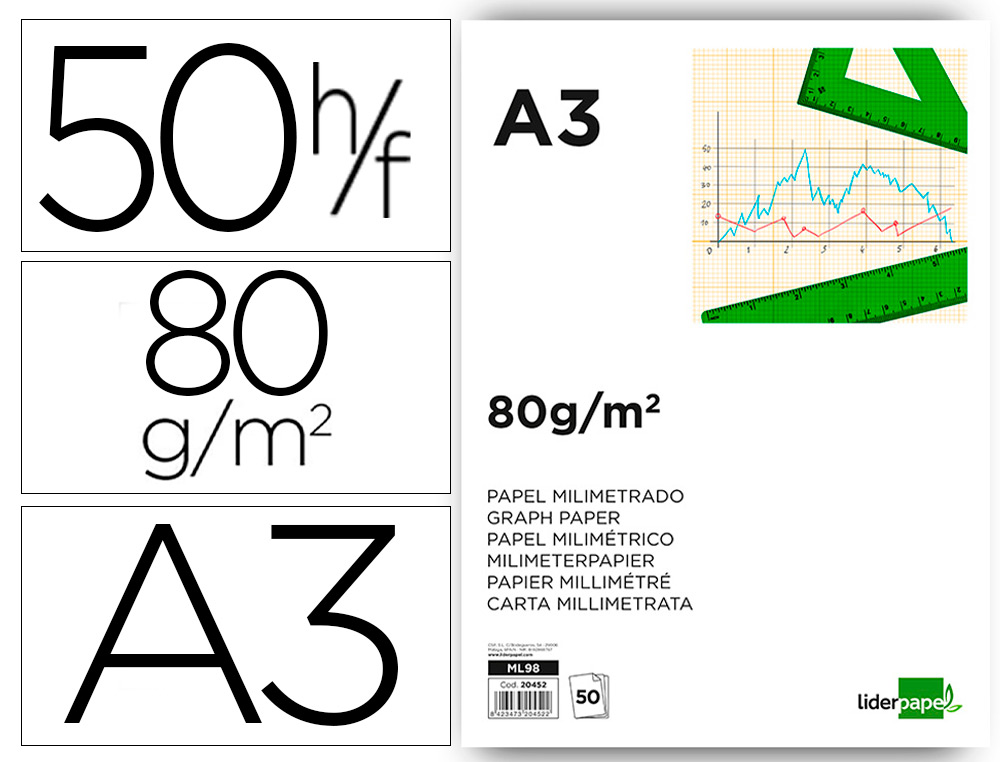 BLOC PAPEL MILIMETRADO LIDERPAPEL ENCOLADO 297X420 MM 50 HOJAS 80G/M2