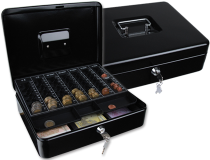 CAJA CAUDALES Q-CONNECT 12\" 300X240X90 MM NEGRA CON PORTAMONEDAS