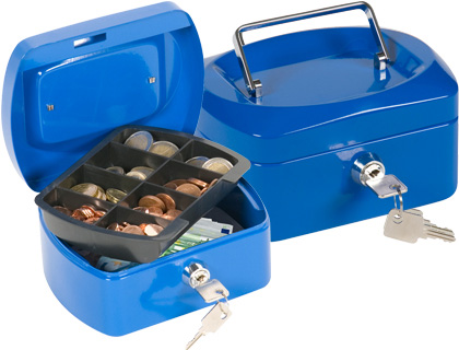 CAJA CAUDALES Q-CONNECT 6\&quot; 152X115X80 MM AZUL CON PORTAMONEDAS