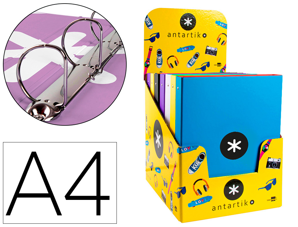 CARPETA 4 ANILLAS 40 MM MIXTAS ANTARTIK A4 FORRADA COLORES SURTIDOS
