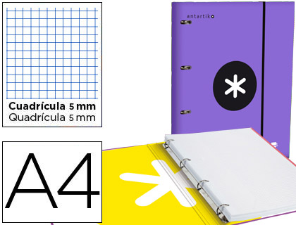 CARPETA CON RECAMBIO LIDERPAPEL ANTARTIK A4 CUADRO 5 MM FORRADA 4 ANILLAS 25MM COLOR VIOLETA
