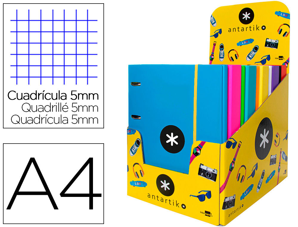 CARPETA CON RECAMBIO ANTARTIK A4 CUADRO 5MM FORRADA 4 ANILLAS 40MM REDONDAS CON SOLAPA COLORES SURTIDOS