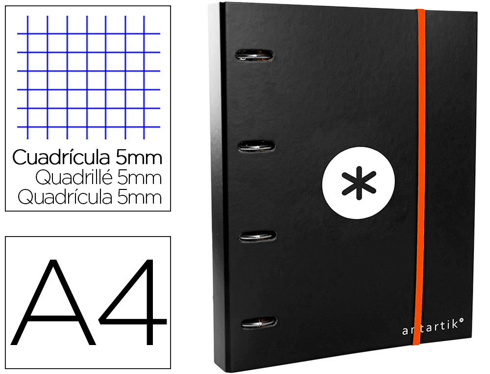 CARPETA CON RECAMBIO ANTARTIK A4 CUADRO 5MM FORRADA 4 ANILLAS 40MM REDONDAS CON SOLAPA COLOR NEGRO