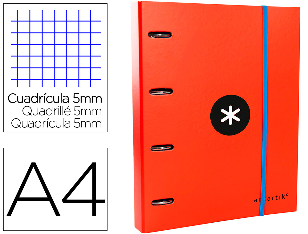 CARPETA CON RECAMBIO ANTARTIK A4 CUADRO 5MM FORRADA 4 ANILLAS 40MM REDONDAS CON SOLAPA COLOR ROJO