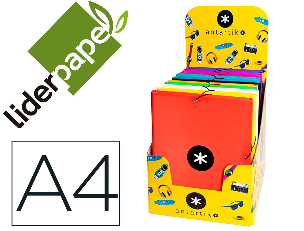 CARPETA ANTARTIK GOMAS A4 3 SOLAPAS CARTON FORRADO COLORES SURTIDOS