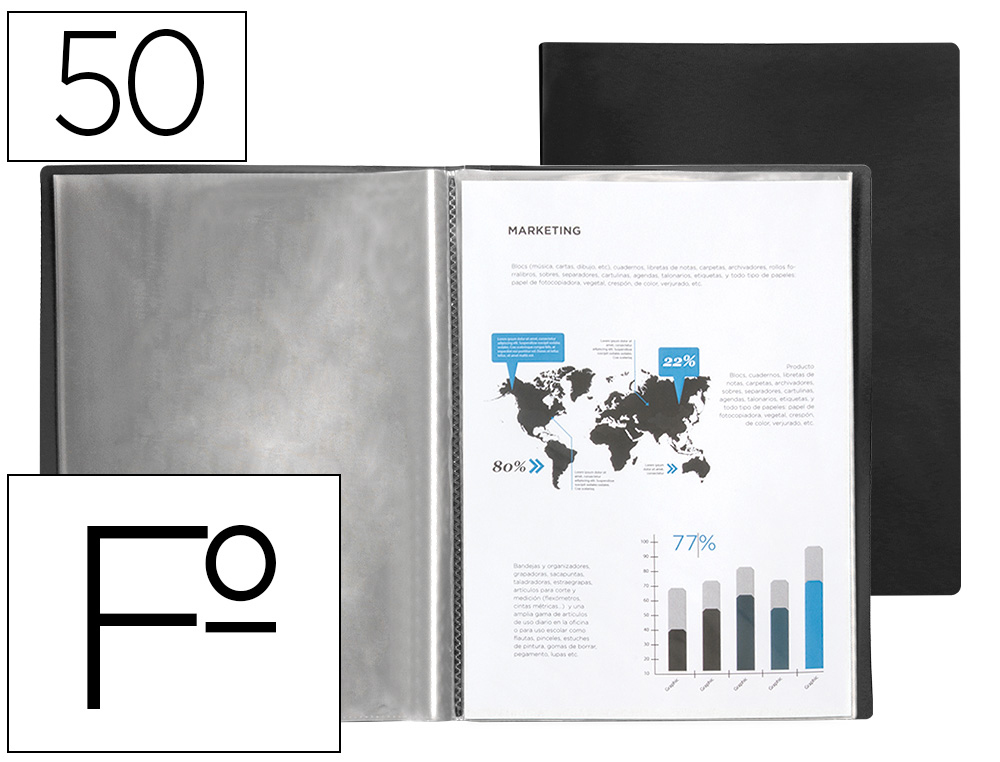 CARPETA LIDERPAPEL ESCAPARATE 50 FUNDAS PVC FOLIO NEGRO