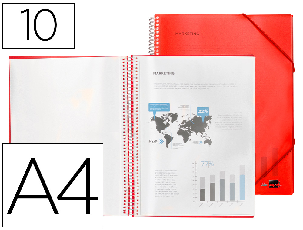 CARPETA LIDERPAPEL ESCAPARATE CON ESPIRAL 10 FUNDAS POLIPROPILENO DIN A4 ROJO