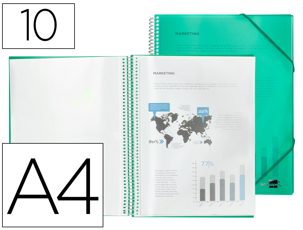 CARPETA LIDERPAPEL ESCAPARATE CON ESPIRAL 10 FUNDAS POLIPROPILENO DIN A4 VERDE