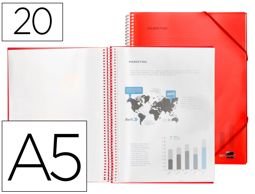 CARPETA LIDERPAPEL ESCAPARATE CON ESPIRAL 20 FUNDAS POLIPROPILENO DIN A5 ROJA