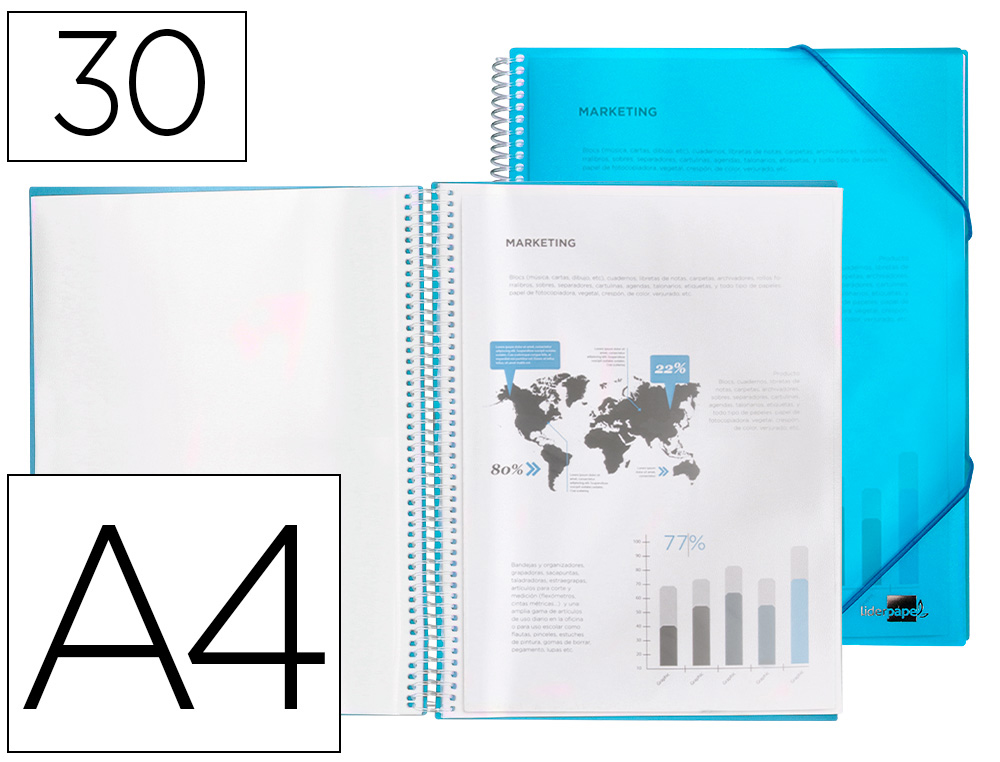 CARPETA LIDERPAPEL ESCAPARATE CON ESPIRAL 30 FUNDAS POLIPROPILENO DIN A4 AZUL
