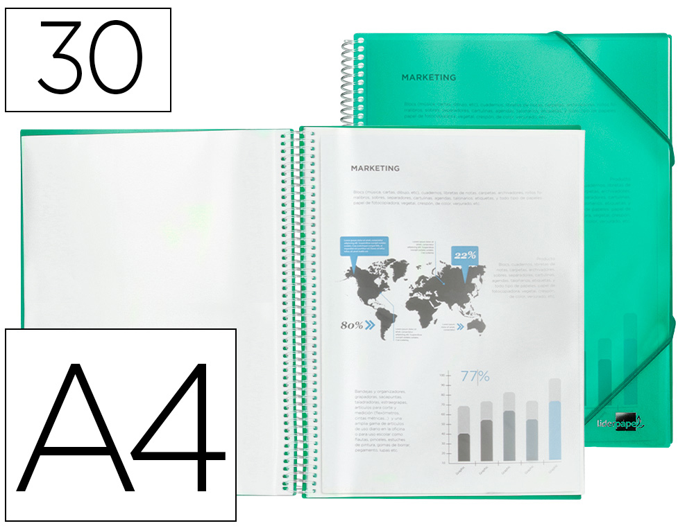 CARPETA LIDERPAPEL ESCAPARATE CON ESPIRAL 30 FUNDAS POLIPROPILENO DIN A4 VERDE