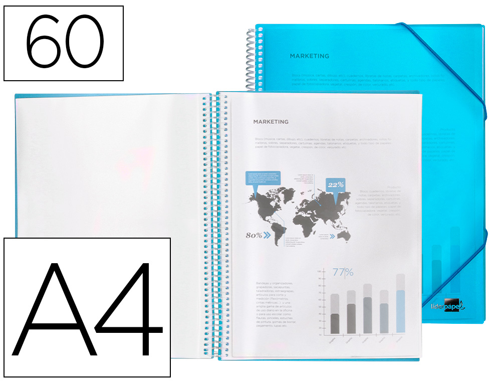 CARPETA LIDERPAPEL ESCAPARATE CON ESPIRAL 60 FUNDAS POLIPROPILENO DIN A4 AZUL