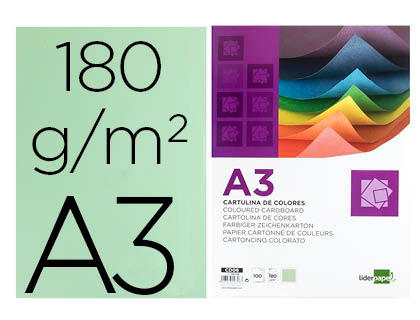CARTULINA LIDERPAPEL A3 180G/M2 VERDE PAQUETE DE 100 HOJAS