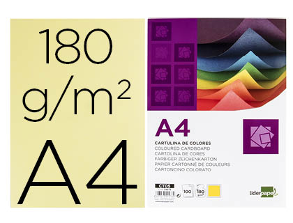 CARTULINA LIDERPAPEL A4 180G/M2 AMARILLO PAQUETE DE 100 HOJAS