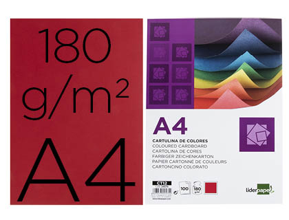 CARTULINA LIDERPAPEL A4 180G/M2 ROJO PAQUETE DE 100 HOJAS