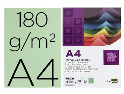 CARTULINA LIDERPAPEL A4 180G/M2 VERDE PAQUETE DE 100 HOJAS