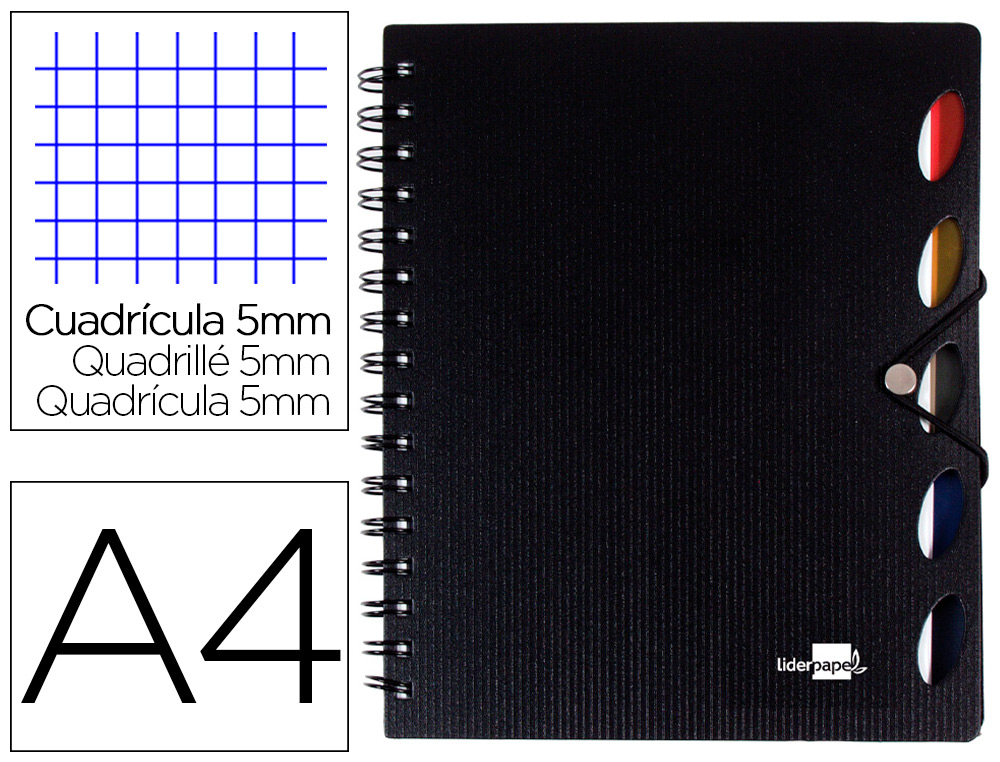 CUADERNO ESPIRAL LIDERPAPEL A4 MICRO EXECUTIVE TAPA PLASTICO 100H 80 GR CUADRO 5MM 5 SEPARADORES CON GOMILLA NEGRO