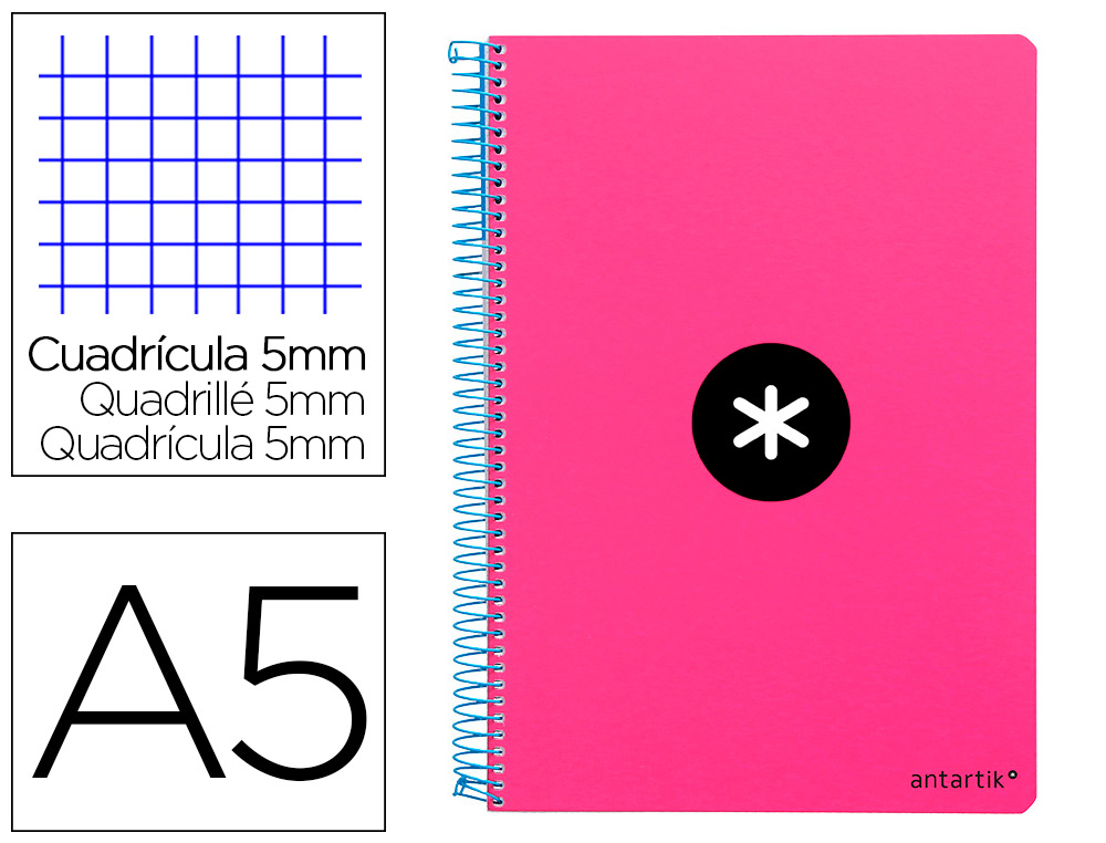 CUADERNO ESPIRAL LIDERPAPEL A5 ANTARTIK TAPA DURA 80H 100 G CUADRO 5MM CON MARGEN COLOR ROSA FLUOR