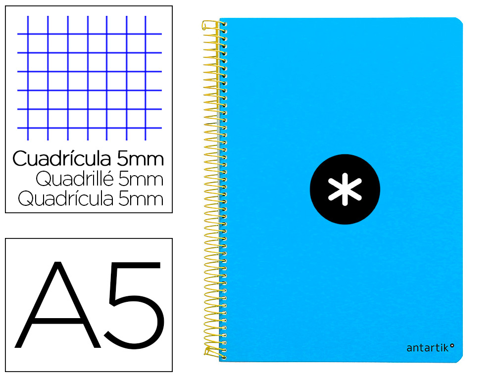 CUADERNO ESPIRAL LIDERPAPEL A5 ANTARTIK TAPA DURA 80H 100 GR CUADRO 5MM CON MARGEN COLOR AZUL