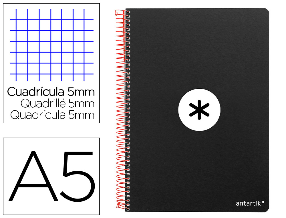 CUADERNO ESPIRAL LIDERPAPEL A5 ANTARTIK TAPA DURA 80H 100 GR CUADRO 5MM CON MARGEN COLOR NEGRO