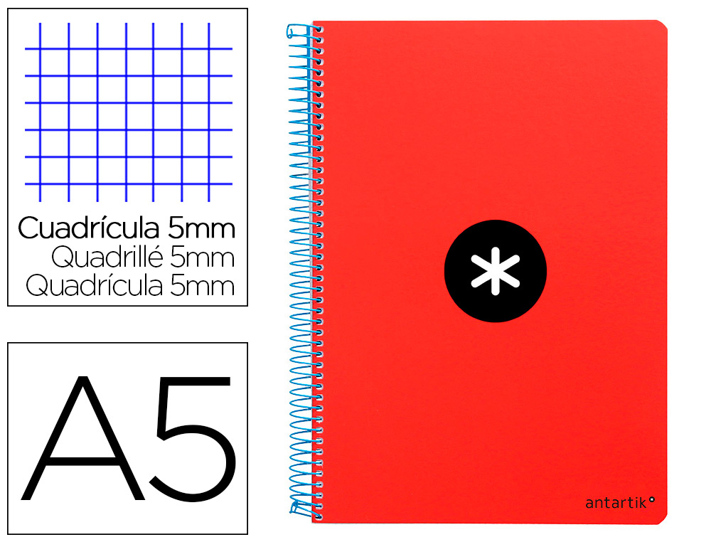 CUADERNO ESPIRAL LIDERPAPEL A5 ANTARTIK TAPA DURA 80H 100 GR CUADRO 5MM CON MARGEN COLOR ROJO