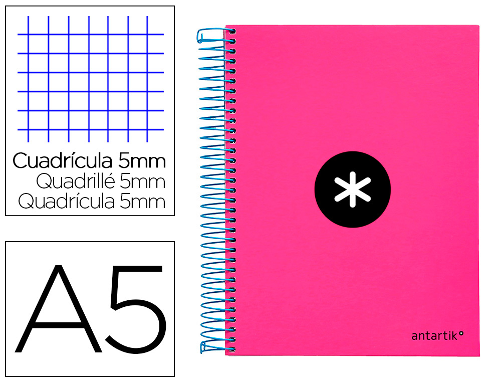 CUADERNO ESPIRAL A5 MICRO ANTARTIK TAPA FORRADA 120H 90 GR CUADRO 5MM 5 BANDA S 6 TALADROS COLOR ROSA