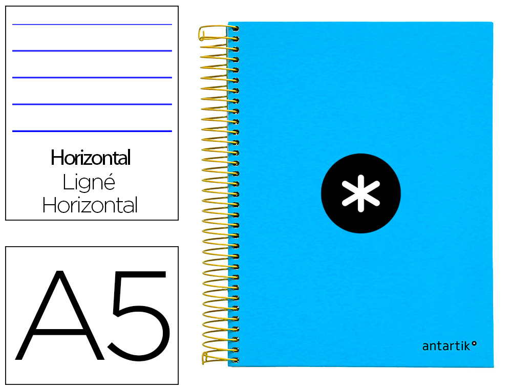 CUADERNO ESPIRAL A5 MICRO ANTARTIK TAPA FORRADA 120H 100 GR HORIZONTAL 5 BANDAS 6 TALADROS COLOR AZUL
