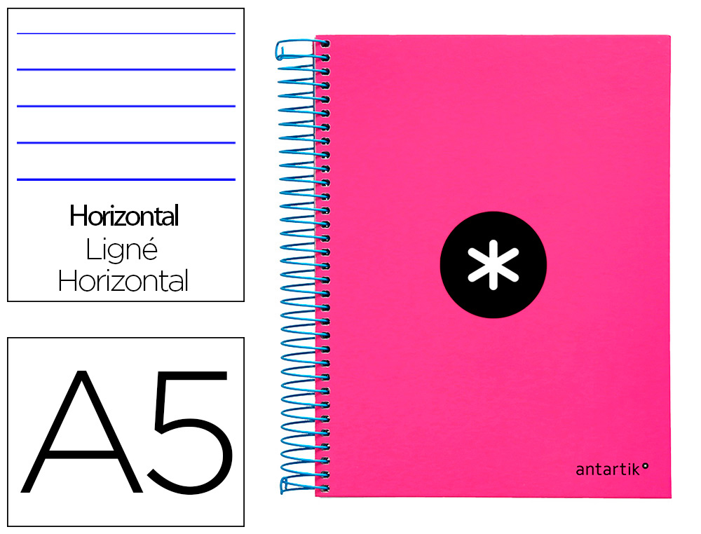 CUADERNO ESPIRAL A5 MICRO ANTARTIK TAPA FORRADA 120H 100 GR HORIZONTAL 5 BANDAS 6 TALADROS COLOR ROSA