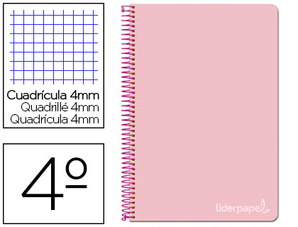 CUADERNO ESPIRAL LIDERPAPEL CUARTO WITTY TAPA DURA 80H 75GR CUADRO 4MM CON MARGEN COLOR ROSA