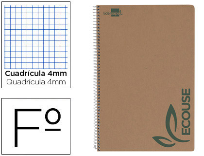 CUADERNO ESPIRAL LIDERPAPEL DIN A4 ECOUSE TAPA CARTULINA KRAFT 80H PAPEL RECICLADO 80 GR CUADRO 4 MM CON MARGEN